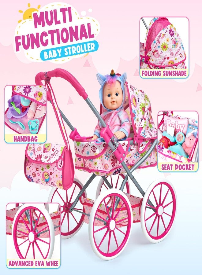 Golray 12 in Baby Doll Toys Set with Stroller for 3 4 5 6 Year Old Girl - 26pcs Babydoll with Accessories Rocking Horse/2 Clothes, Feeding Nursing Pretend Play Toddler Girl Toy Gift 3-5-7 - Image 4